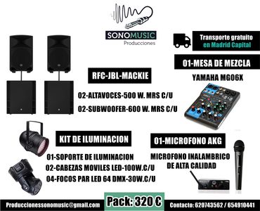 PRODUCCIONES SONOMUSIC presta servicio en la subcategoría de Equipos de sonido en Madrid
