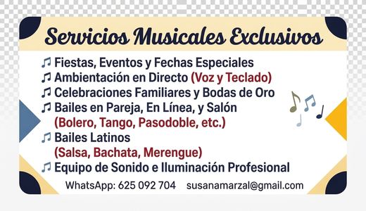 Susana Cantante y Dj Amenizaciones musicales presta servicio en la subcategoría de Orquestas, cantantes y grupos en Valencia